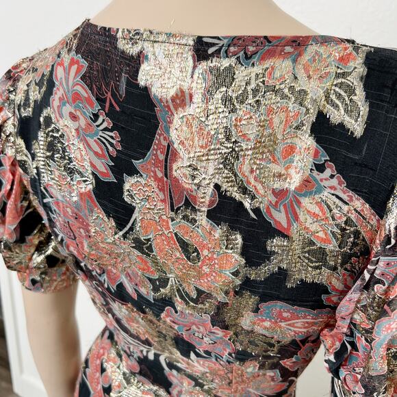 [Hemant & Nandita] Sion Maxi Wrap Dress Metallic Gold Puff Sleeves V-Neck Sz XS - Picture 10 of 14